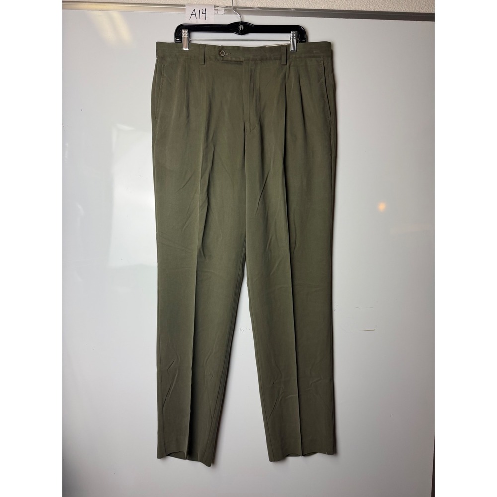 Tommy Bahama Mens Olive Green Silk Bamboo Blend Pleated Dress Pants 36W 32L
